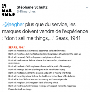 Capture écran d'un tweet incitant les marques à vendre de l'expérience et non des produits